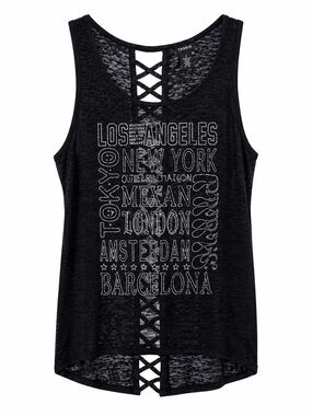 torrid Black Graphic City-Names Crisscross Back Tank
